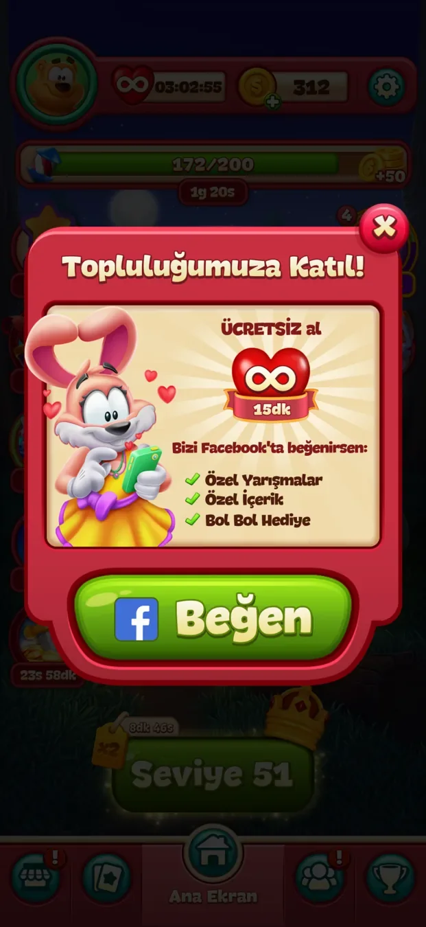 Facebook community invitation popup offering free timed lives, special competitions, content and gifts