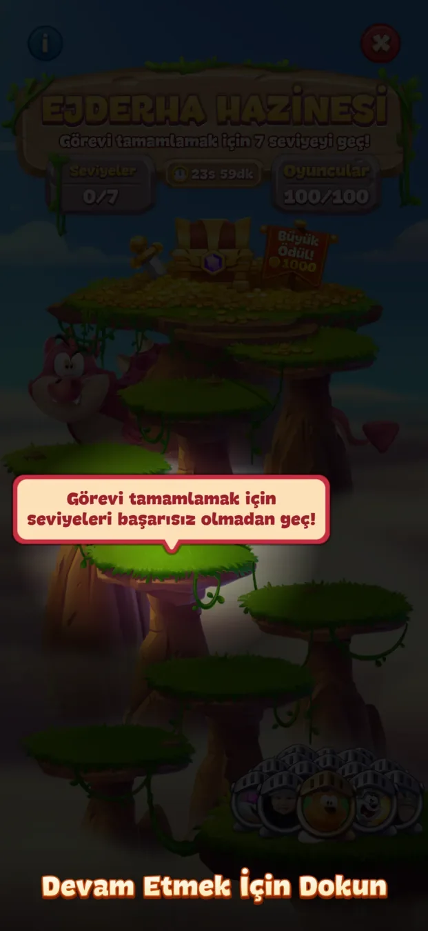 Toon Blast Dragon Treasure event asking the player to pass seven levels without failing